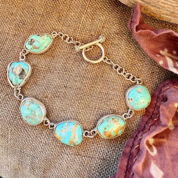 Vintage Sterling Silver 6 Stone Turquoise Bracelet - Picture 1 of 6